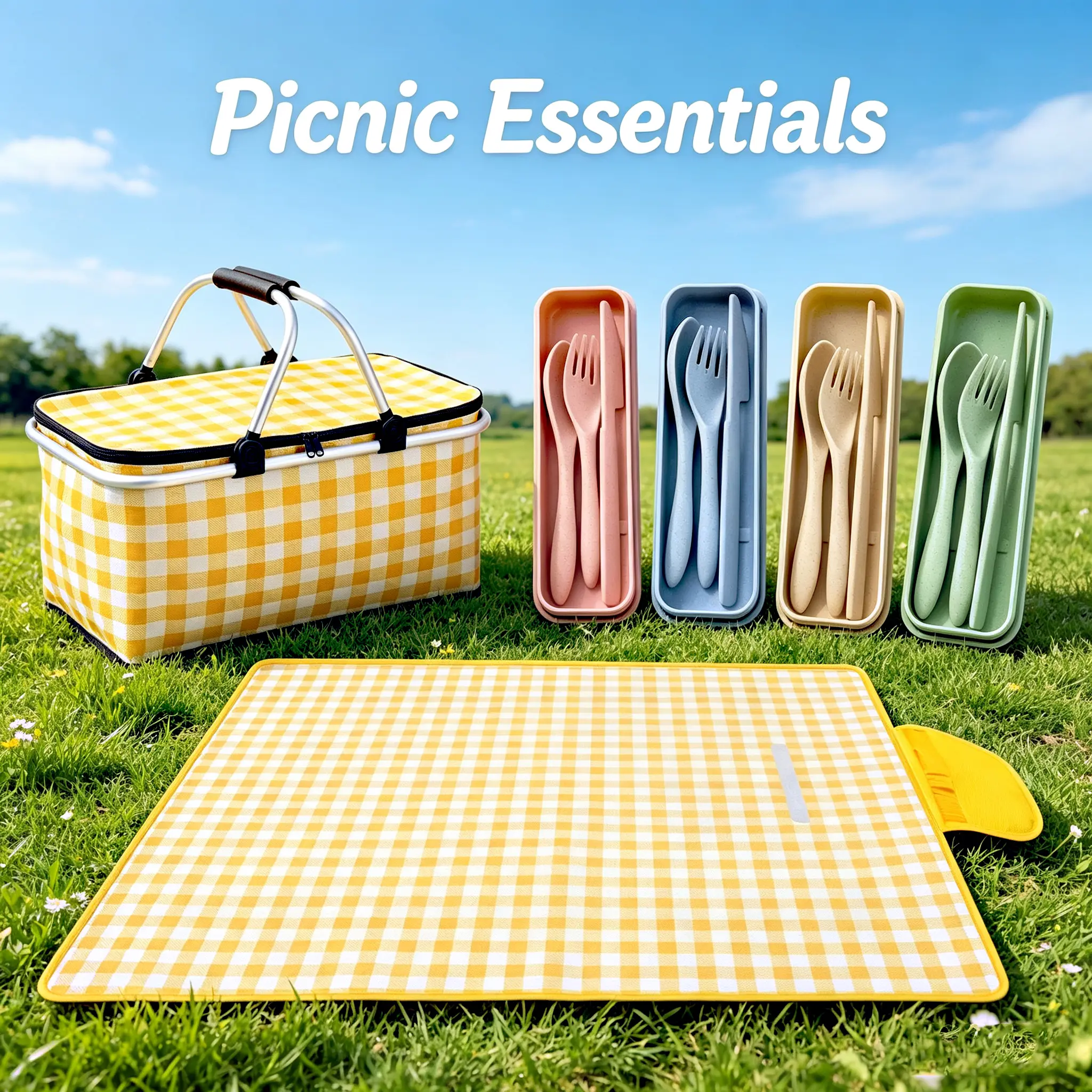 4-Person Reusable Picnic Bundle with Gingham Insulated Picnic Hamper, Waterproof Outdoor Blanket & Reusable Cutlery, Ideal for Camping, Beach, Waterproof Picnic Blanket