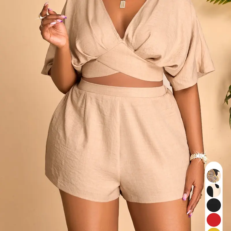 Plus Size Elegant Casual Chic Women's Two-Piece Set, Coordinate Set, Deep V-Neck Short Sleeve Top and High-Waisted Shorts for Spring & Summer, Womenswear, Clothes
