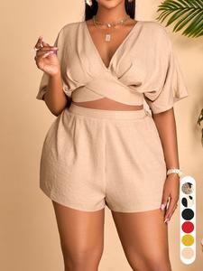 Elegant Casual Women's Two-Piece Set, Deep V-Neck Short Sleeve Top and High Waist Shorts, Spring Summer Plus Size