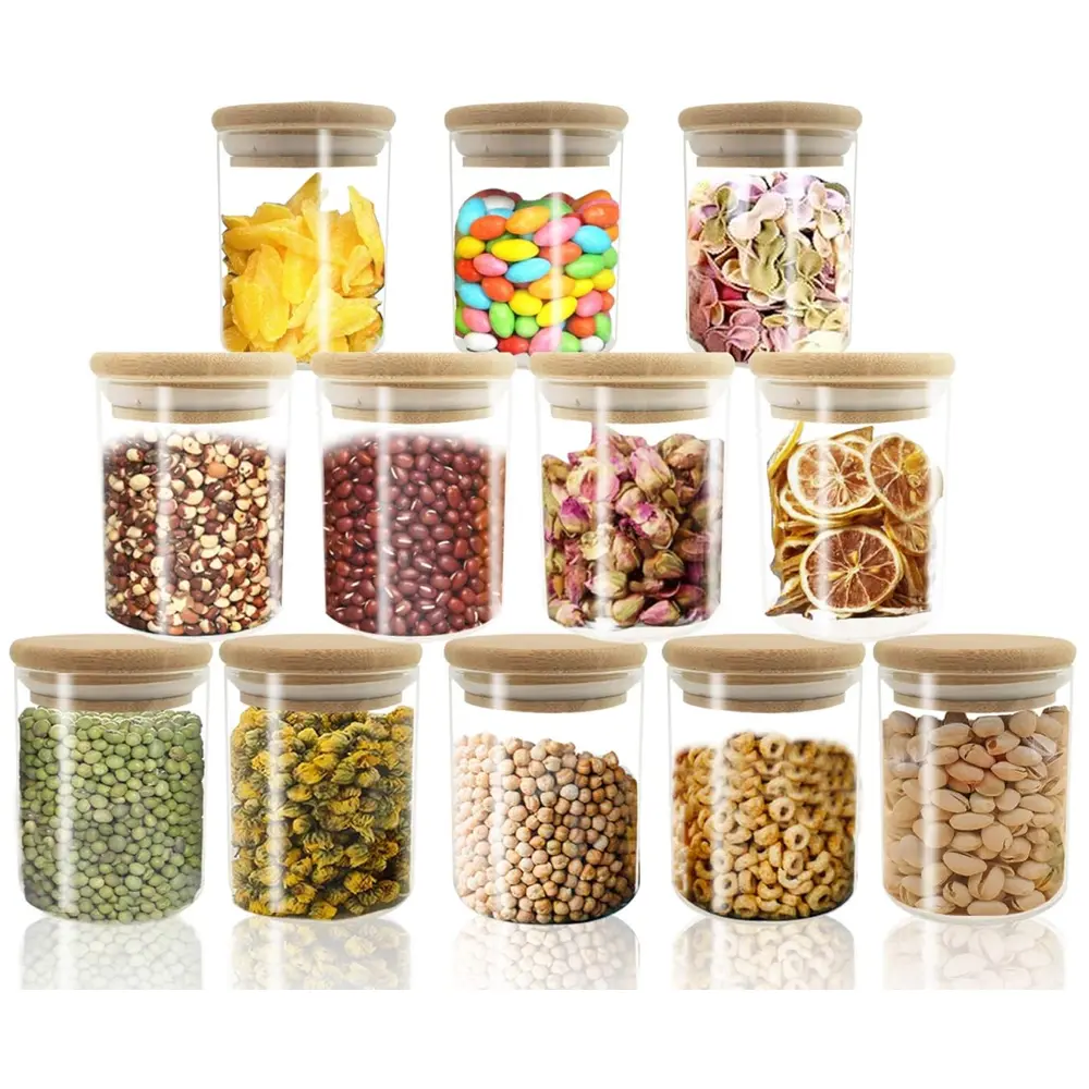 Adorer.care 12-Piece Borosilicate Glass Jar & Bamboo Lid Set 6oz Airtight Food Storage Containers for Coffee Beans Nuts Spices Tea Utensils