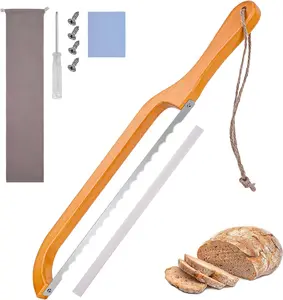 Stainless Steel Wooden Bread Bow Knife 15.7-Inch Serrated Bread Slicer with Fiddle Bow Design for Homemade Bread, Bagels, and Baguettes