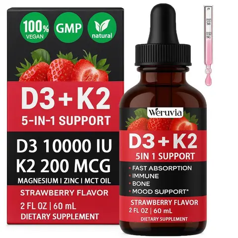 Vitamin D3-K2 Dietary Supplement Liquid Drops with Magnesium & Zinc, 10000 IU in MCT Oil, 2 fl oz, Strawberry Flavor, Supports Bone & Muscle Help, Immune Defense, Mixes into Coffee