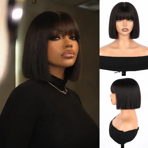 [HOT] QTHAIR Glueless Bob Wig With Bangs Human Hair Wig 3x1 Lace Front Closure Wigs 200% Density Straight Wigs 16A Blunt Cut Double Drawn Glueless Wig