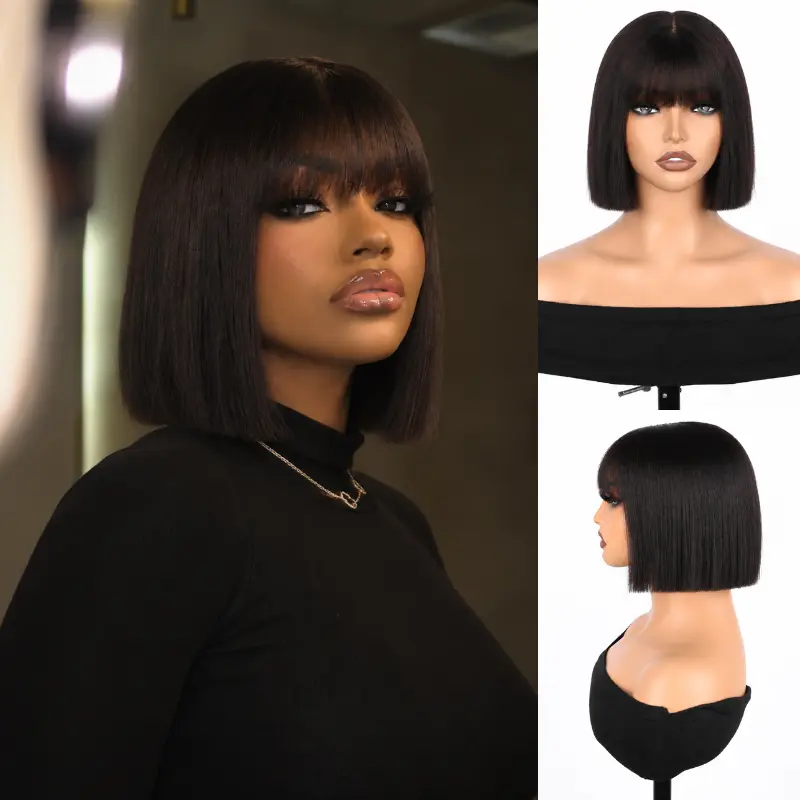 [HOT] QTHAIR Glueless Bob Wig With Bangs Human Hair Wig 3x1 Lace Front Closure Wigs 200% Density Straight Wigs 16A Blunt Cut Double Drawn Glueless Wig