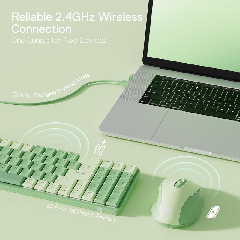 Redragon BS8772 Wireless Ergonomic Keyboard & Mouse Combo 75% 78 Keys 2.4Ghz Low-Profile Mechanical w/Rechargeable Battery 2400 DPI Blue Backlight