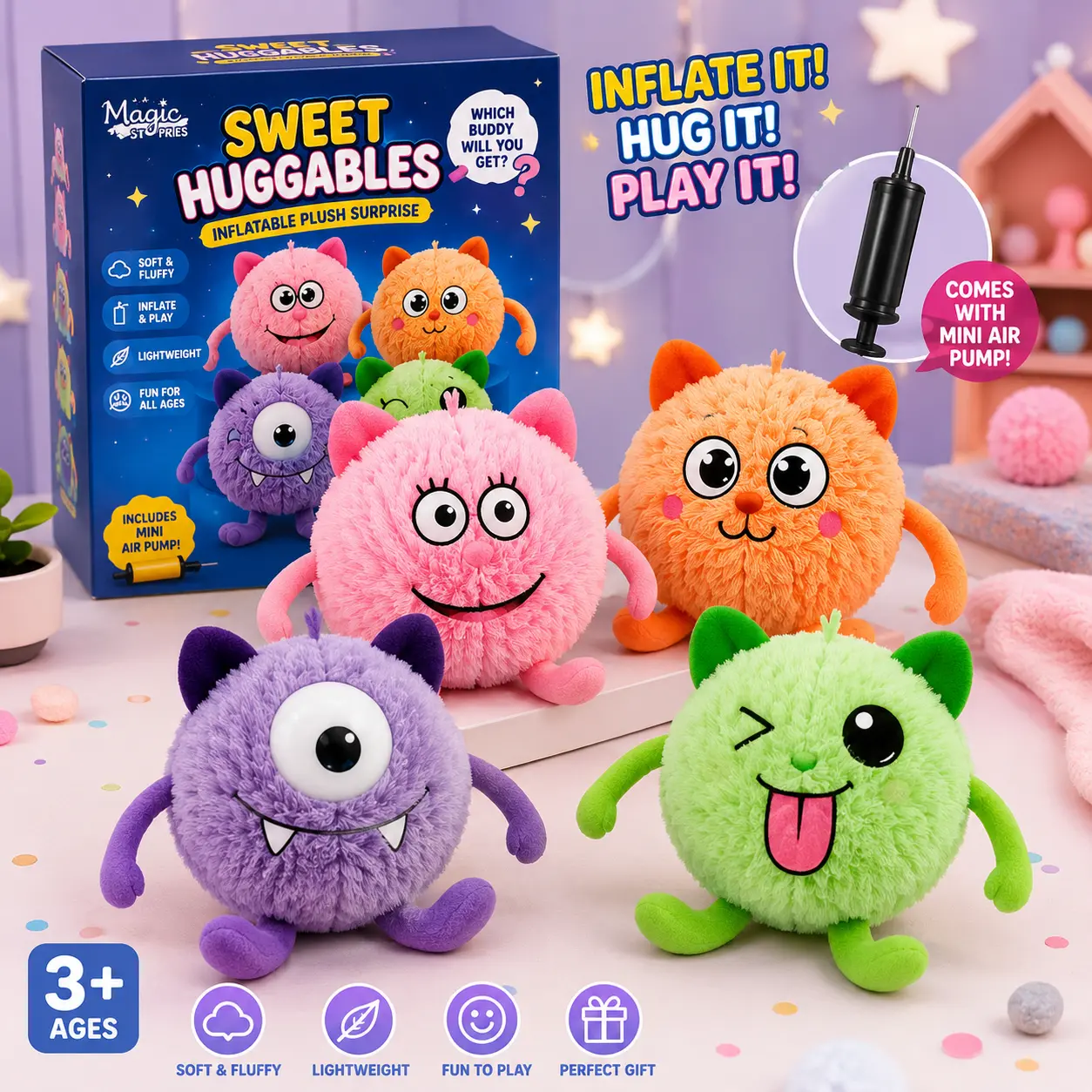 Magic Stories 9-Inch Inflatable Plush Toy – Surprise Blind Box Style Inflatable Plush Ball; Soft, Stress-Relieving Sensory Toy for Kids and Teens.