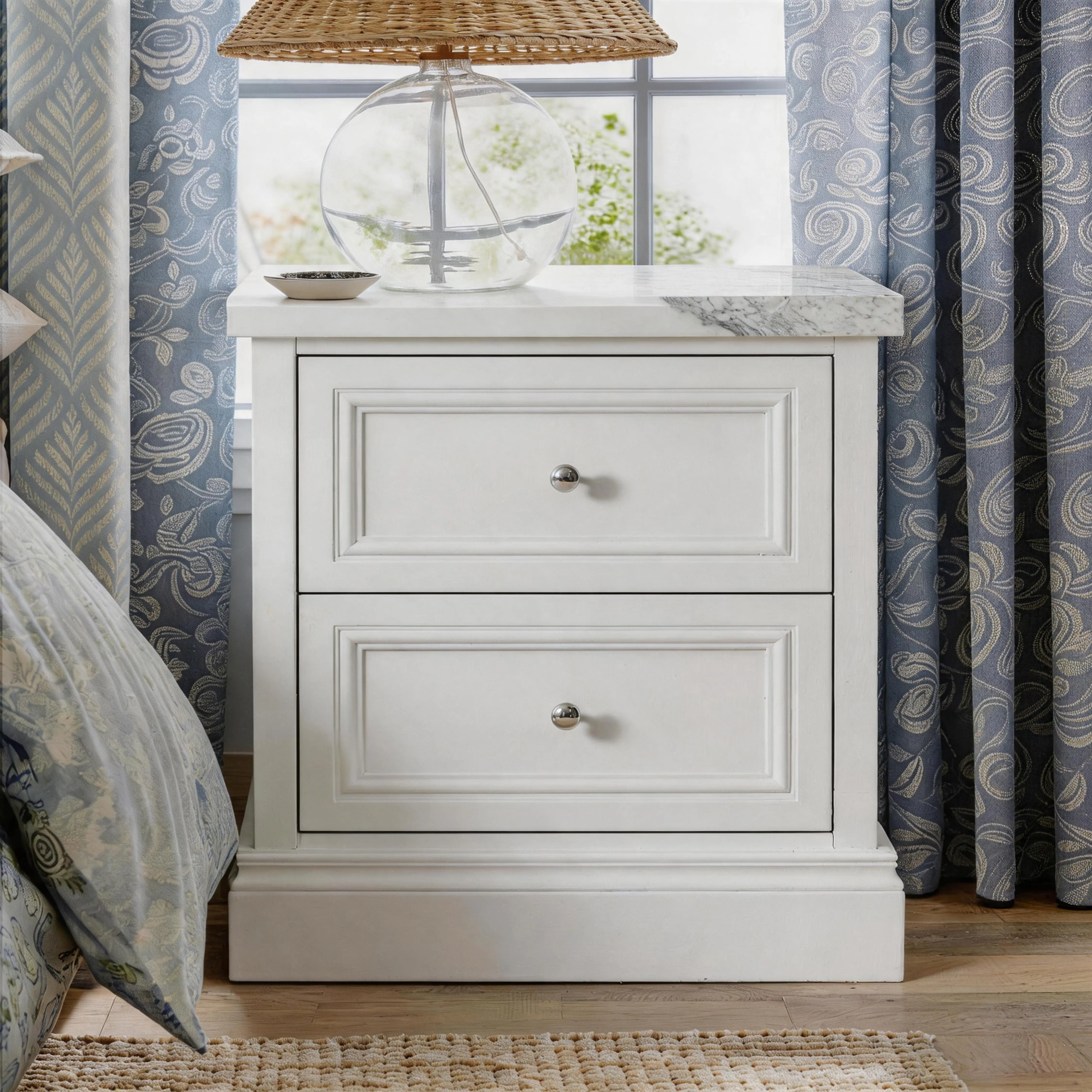Contemporary 2-Drawer Bedside Table with Faux Marble Top