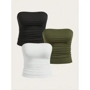 [Plus Size] Solid Ruched Tube Top, Casual Comfy Breathable Strapless Fitted Top for Daily Wear, Womenswear for All Seasons