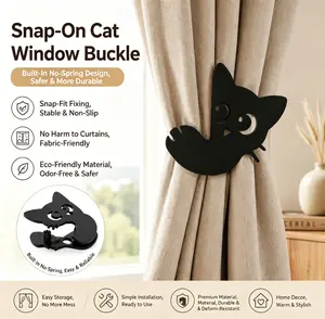 2pcs Cat Shape Cute Curtain Holdbacks Black With Tie Clip for Home Decor, 3D Printed Curtain Tiebacks Wall Mounted Curtain Hooks Holders Without Hole Punching for Drapes,Best Gift for Cat Lovers