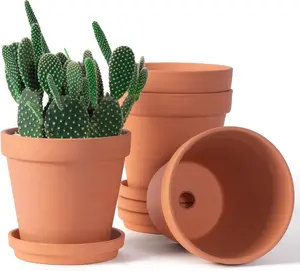 6 inch Terracotta & Clay Pots for  with Saucer, Medium Terra Cotta  Pots with Drainage Hole, Flowerpot with Tray, Terracotta Pot for Indoor Outdoor  - Pack of 4 Planters