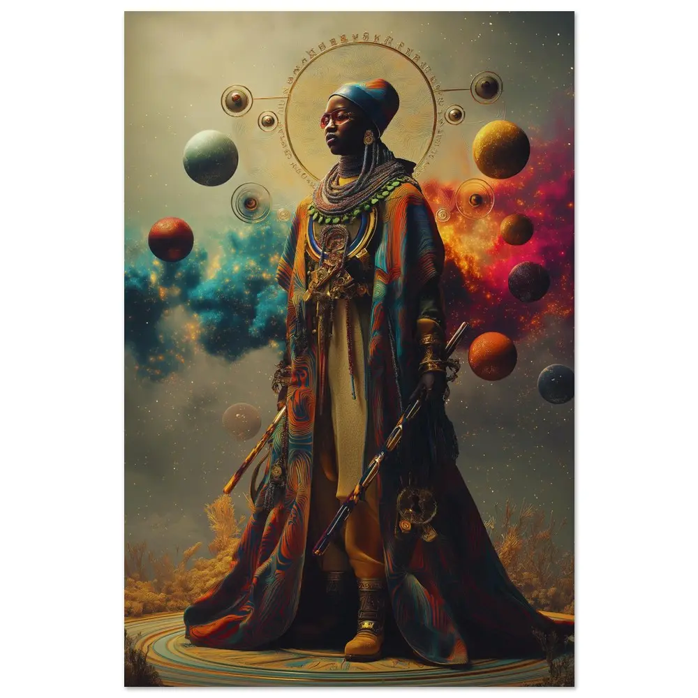 Solar Scribe Afro-Surreal Keeper of Heavens Giclée Print – Cosmic Celestial Wall Art