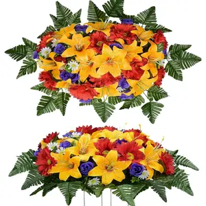 Artificial Cemetery Flower Saddles for Graves, Cemetery Memorial Flowers for Outdoor Tombstone Headstone Decorations, Lily Rose Gerbera Flowers Saddle (Orange Lily)