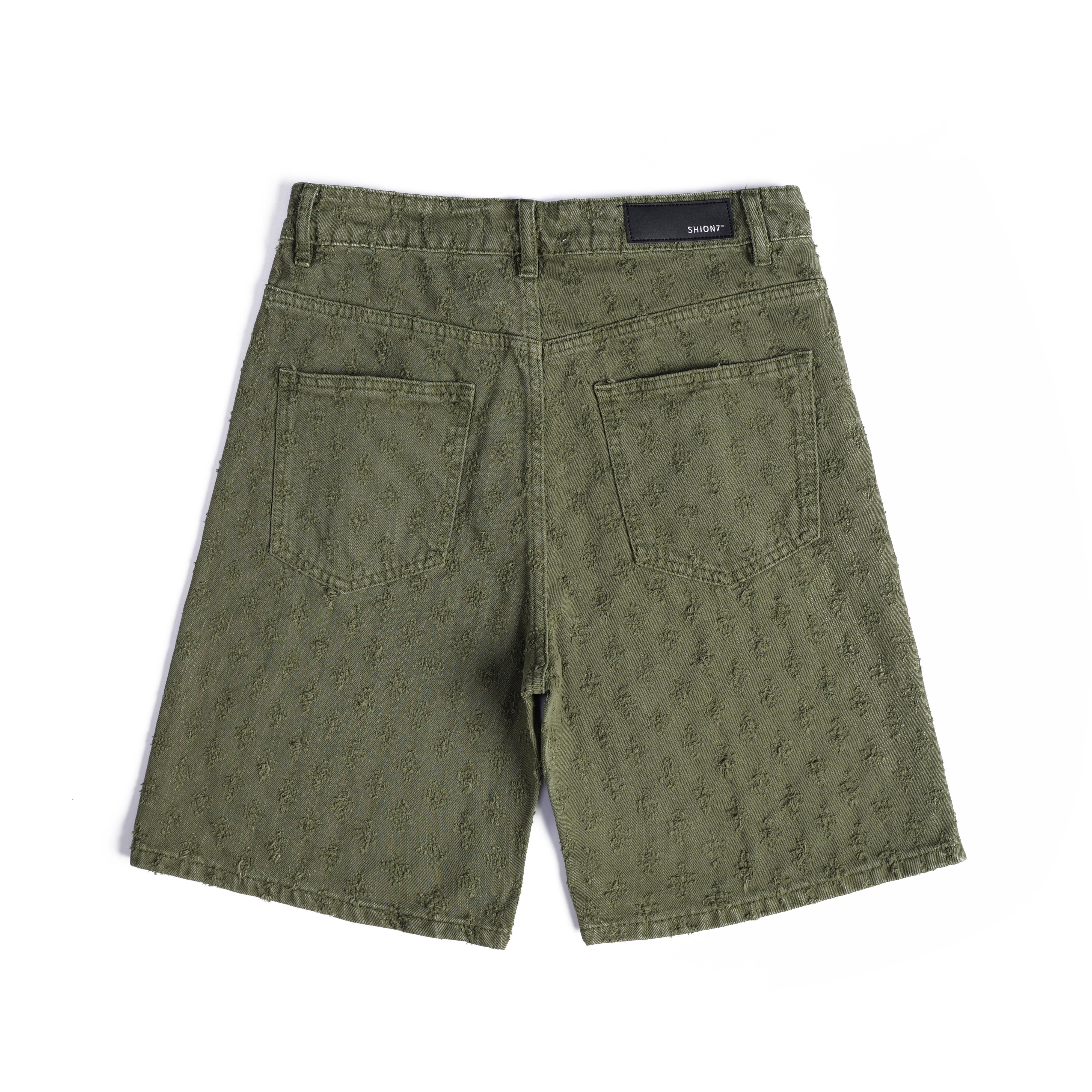 Green Distressed Denim Shorts For Men, Loosen Fit Mid Rise Summer Fashion Bottoms
