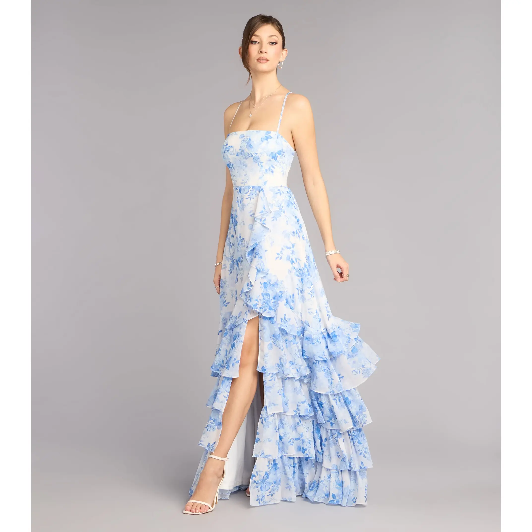 white christmas dresses Levina Asymmetric Floral Ruffle Maxi Dress main image 1