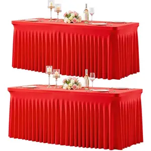 2 Pack Red Table Cloth for 6 Foot Rectangle Tables Spandex Fitted Tablecloth 6ft Stretch Table Covers Skirt Red Banquet Tablecloths Wrinkle Free Tablecloth for Wedding Birthday Event