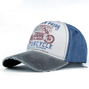 Pure cotton five-panel printed motorcycle baseball cap, trucker cap, distressed washed hat, outdoor sun hat, trendy Korean style