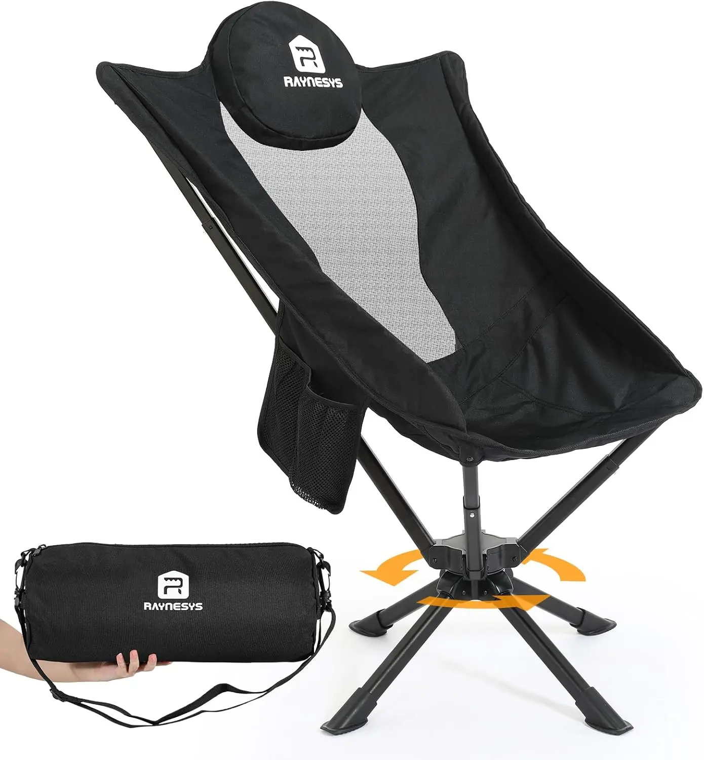 360° Swivel Camping Chair, Portable Folding Chair with Cup Holder & Storage Pocket, High-Back Outdoor Chair for Camping, Fishing & Hiking