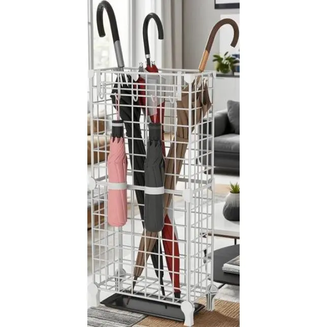 White Metal Freestanding Umbrella Rack with Anti-Rust Paint, Removable Drip Tray, Hanging Hooks, Compact Square Entryway Organizer for 6-8 Large Wet Umbrellas, Sturdy Hollow Lightweight Indoor-Outdoor Storage Solution, 6-8 Large Umbrellas
