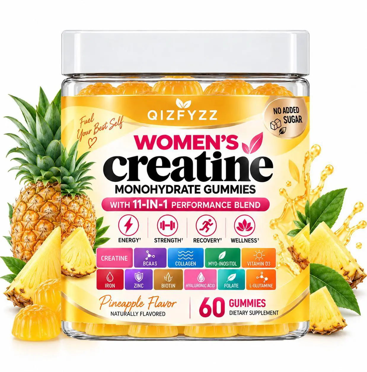 QIZFYZZ Women’s Creatine Monohydrate Gummies Dietary Fitness Healthcare Supplement - 11-in-1 Performance Blend with BCAAs, Collagen, Myo-Inositol, L-Glutamine, Vitamins, Pineapple Flavor, No Added Sugar, 60 Count