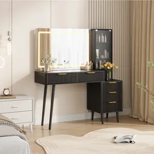 Modern Oak Finish Fluted Vanity Desk with 36 Inch LED Lighted Mirror & 48 Inch Glass Tabletop, Featuring 5 Drawers, 3-Tier Storage Shelves and Built-in Power Outlets, Elegant Makeup Dressing Table for Bedroom