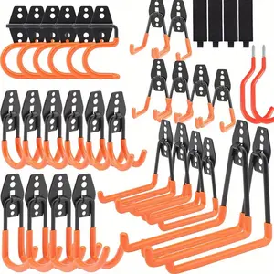 Heavy-duty garage hooks with mop and broom holders - easy to install, wall-mounted storage for tools, ladders, and bicycles - stylish orange metal storage box.