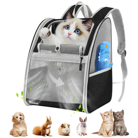 Pawaboo Fabric Pet Carrier Backpack - Airline Approved, Polyester Mesh, Buckle, Adjustable Safety Strap, Side-Pocket Stash, 12.6" L x 11.4" W x 16.5" H, 42.33 Oz / 1200 G, for Small Cats/Dogs/Small Animals (Up to 22lbs) - Hiking, Cycling Travel Use