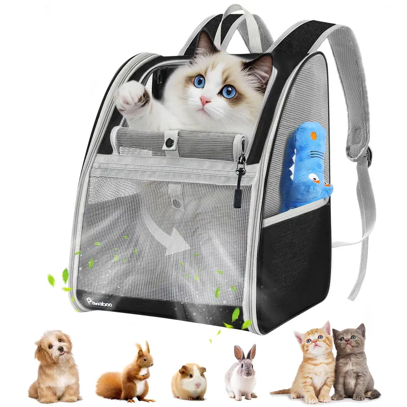 Pawaboo Fabric Pet Carrier Backpack - Airline Approved, Polyester Mesh, Buckle, Adjustable Safety Strap, Side-Pocket Stash, 12.6" L x 11.4" W x 16.5" H, 42.33 Oz / 1200 G, for Small Cats/Dogs/Small Animals (Up to 22lbs) - Hiking, Cycling Travel Use