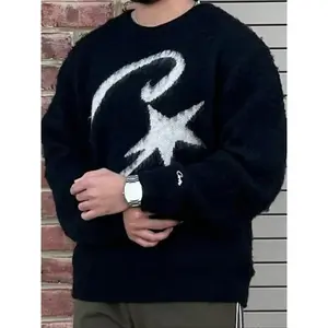 High street fashion casual loose long-sleeve crewneck sweater for men and women, vintage American style star pattern warm comfortable knit top
