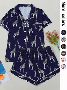 Women's Cute Giraffe Print Pajama Set, Loungewear Pjs Set, Short Sleeve Shorts, All Seasons, Soft Comfortable Homeewear, Button Front Casual, Summer Pyjama Set