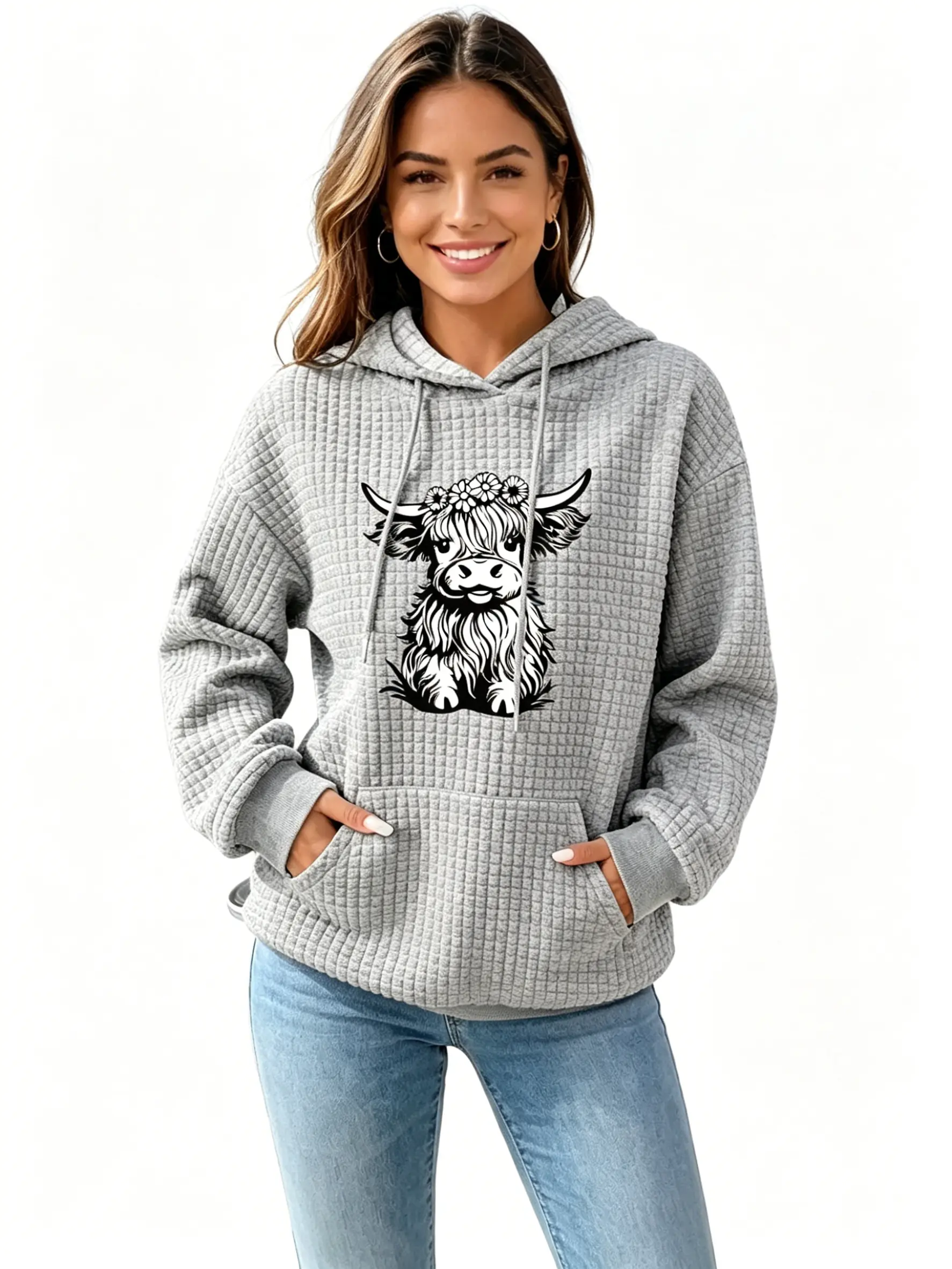 Women's Hooded Sweatshirt - Long Sleeve Pullover Hoodie with Highland Cow Floral Print, Textured Fabric, Essentials Hoodie for women