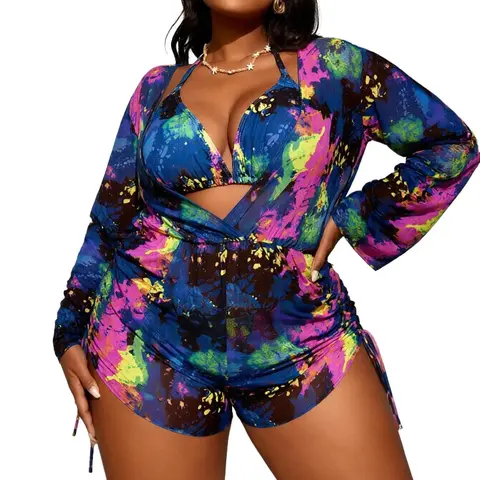 Women's Plus-Size 3-Piece Abstract Print Bikini Swim Set - V-Neck Plunge Hold Halter Bathing Suit, Mesh Long-Sleeve Romper Cover-Up, Elastic Waist Drawstring Tummy Control, 4-Way Stretch Easy Fit Quick Dry Synthetic Beach Vacation Outfit, 3‑Piece Swim Set