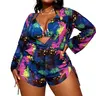 Women's Plus-Size 3-Piece Abstract Print Bikini Swim Set - V-Neck Plunge Hold Halter Bathing Suit, Mesh Long-Sleeve Romper Cover-Up, Elastic Waist Drawstring Tummy Control, 4-Way Stretch Easy Fit Quick Dry Synthetic Beach Vacation Outfit, 3‑Piece Swim Set