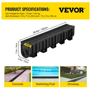 VEVOR Trench Drain System, Summervibes, Channel Drain with Plastic Grate, 5.9x7.5-Inch HDPE Drainage Trench, Black Plastic Garage Floor Drain, 5x39 Trench Drain Grate, with 5 End Caps, for Garden, Driveway-5 Pack