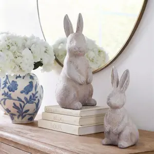 Set of 2 Rustic Easter Bunny Decorations 9.7'' 8'' Farmhouse Spring Easter Bunny Figurines Decoration for Table Vintage Beige Resin Rabbit Statues for Home Indoor Outdoor Decor