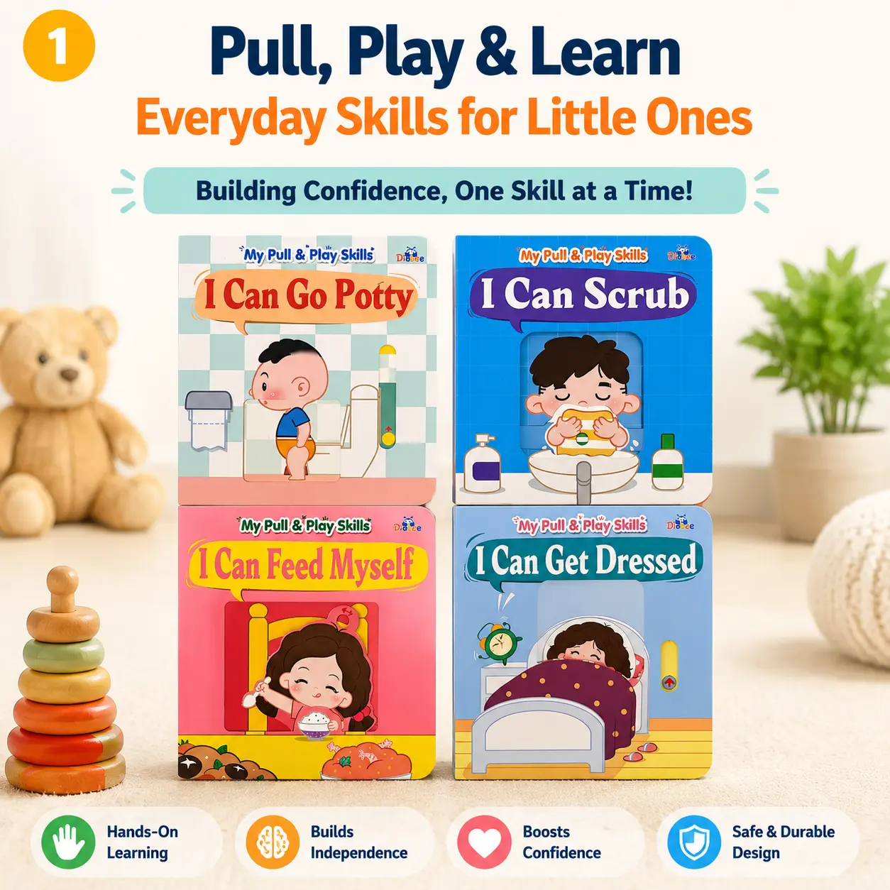 Diobee My Pull & Play Skills Board Book Set - 4 Interactive Pull-Tab Early Learning Books for Toddlers Ages 1+, Daily Routines Focus, Fine Motor Skills Development, for Parents, Holidays, Baby Showers, Birthdays, Compact Board Book, Builds Independence