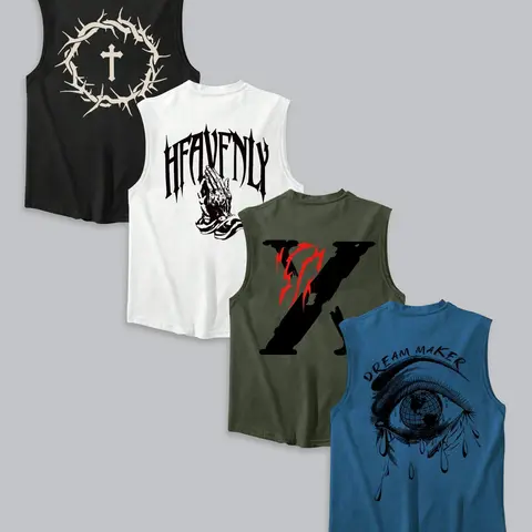 Men's Letter & Graphic Print Jersey Vests, Regular Fit Casual Sleeveless Round Neck Top for Summer, Men's Top for Daily Wear