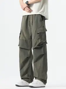 Men's Loose Fit Elastic Waist Casual Contrast Cargo Pants, Adjustable Rubber Band, Fashionable Trendy Clothing, Comfortable Relaxed Style