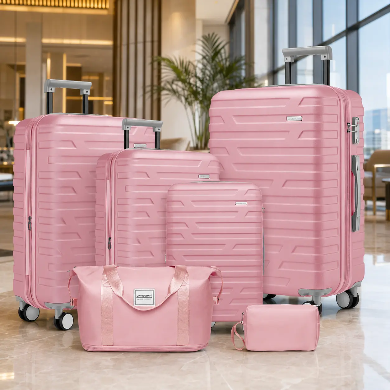 Fahuac 6-Piece Durable Lightweight Hard-Sided Travel Set - Textured Ribbed ABS Plastic 4-Wheel Spinners, TSA Lock, Expandable Zip-Closure (18"/20" Carry-On, 24"/28" Checked, Weekender, Toiletry), Pink Hard-Sided Luggage Set, Hard-Sided Luggage Sets