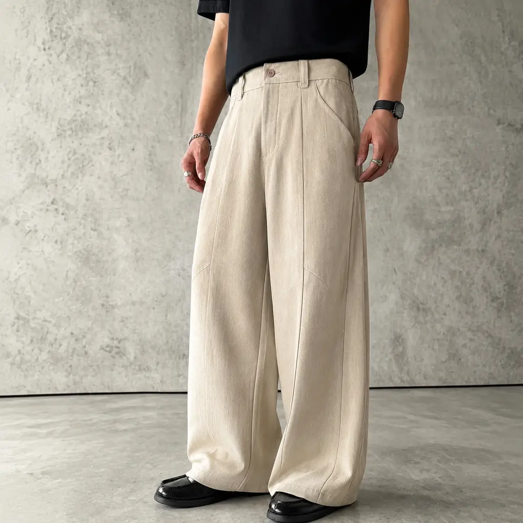 Men's Loose Fit Straight Leg Pants - Mid Waist, 3D Pleated, Button Closure, Fluid Drape, Breathable Textured Polyester Fabric, Long Menswear for Everyday Wear, Commuting, Loose Fit Straight Leg Men's Pants