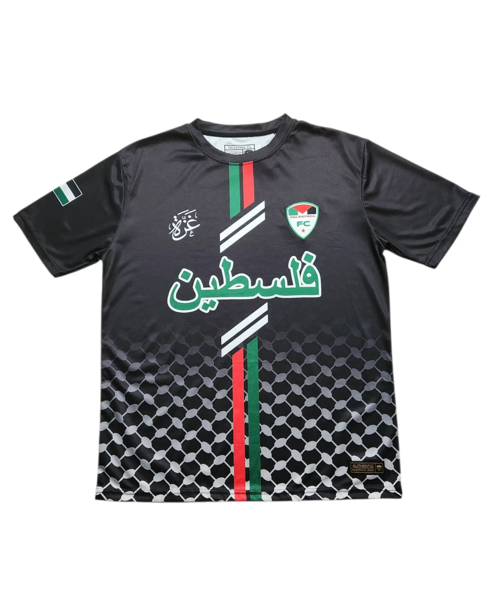 Black Palestine Arabic Jersey (Red/Green Stripes)