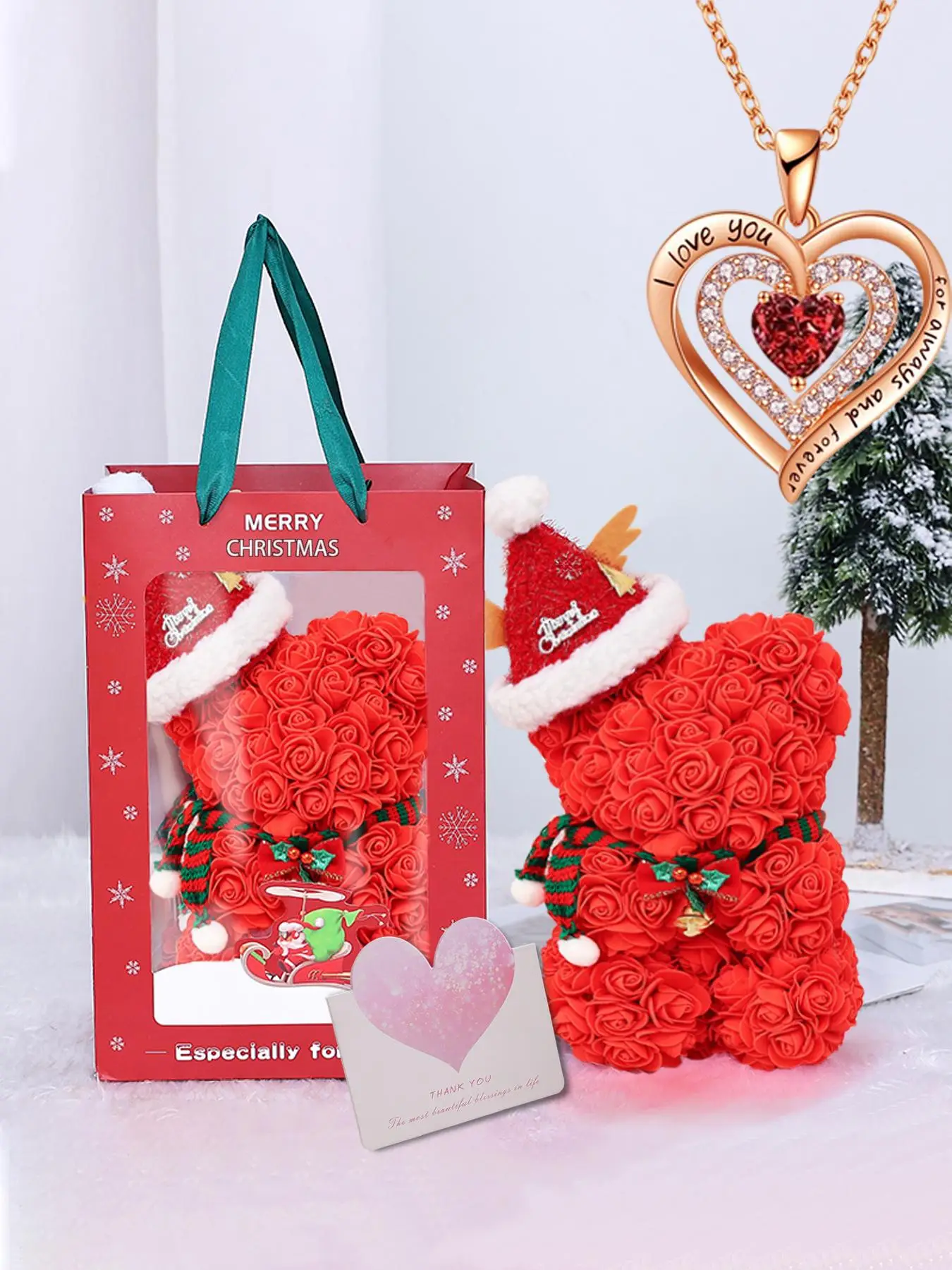 Cute Letter Design Pendant Necklace with Bear Shaped Flower Design Gift Box, Rhinestone Decorated Necklace, Fashion Jewelry Accessories for Women & Me