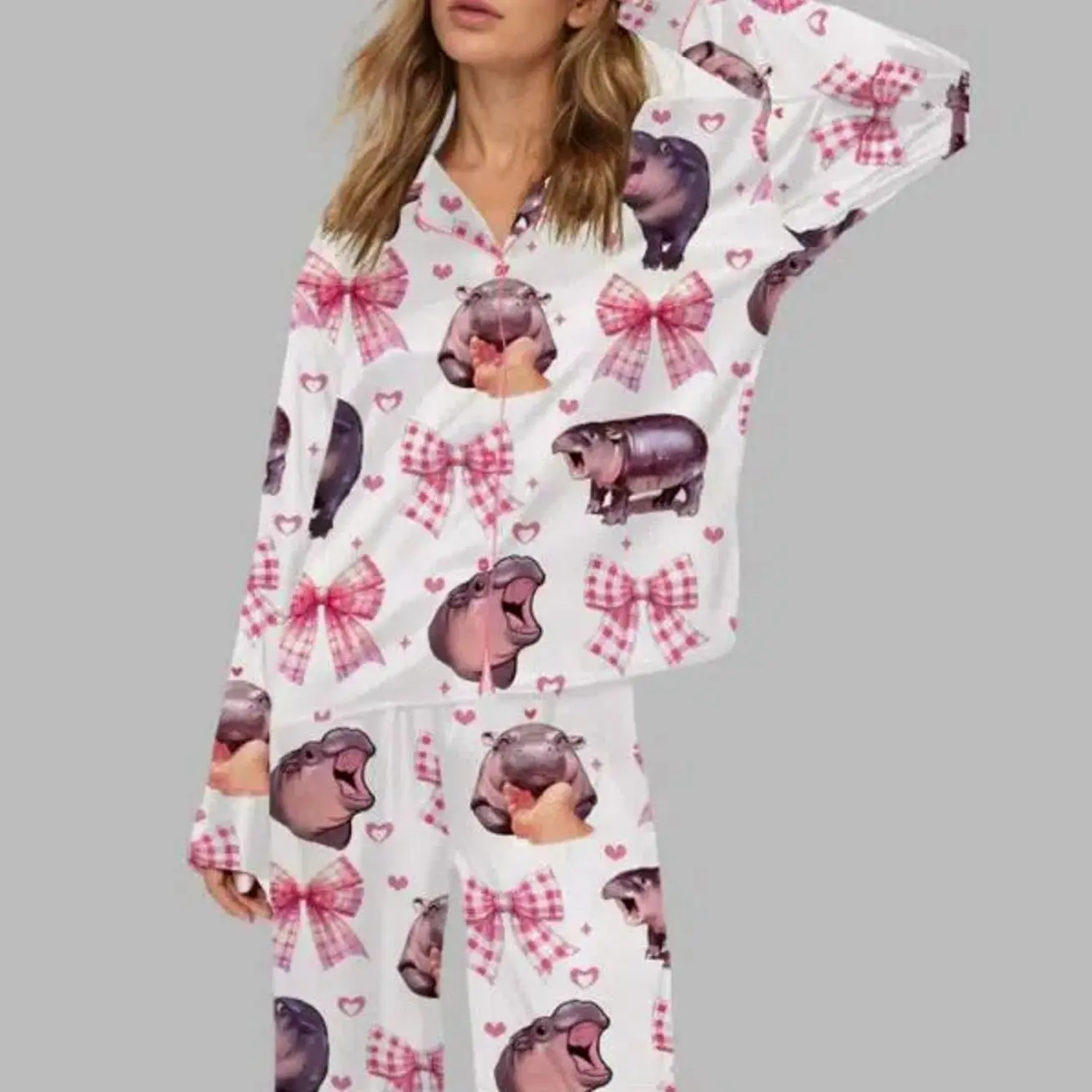 Pink Coquette Bow Satin Pajama Set, Cute Girly Print Button Down Sleepwear, Matching Long Pants Lounge Set for Women