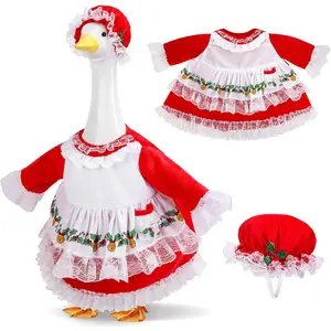 2 count/Set Christmas Mrs. Claus Porch Goose Outfits, Lawn Goose Statue Mrs. Claus Costume, Red Green White Christmas Garden Goose Clothes Dress and Hat for 23" High Statue Xmas Holiday Patio Yard Decor
