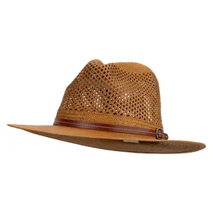 Men's 3" Brim Outback Style Straw Fedora Hat with Thin Buckle Band