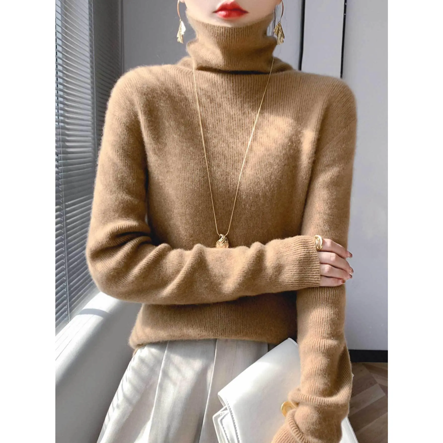 Women's Ultra-Soft Fabric Cowl High Neck Solid Knitwear - Slim-Fit Ribbed Long-Sleeve Top, Fall/Winter Layering Piece, Cozy for Home & Travel, Machine Washable & Dry Cleanable