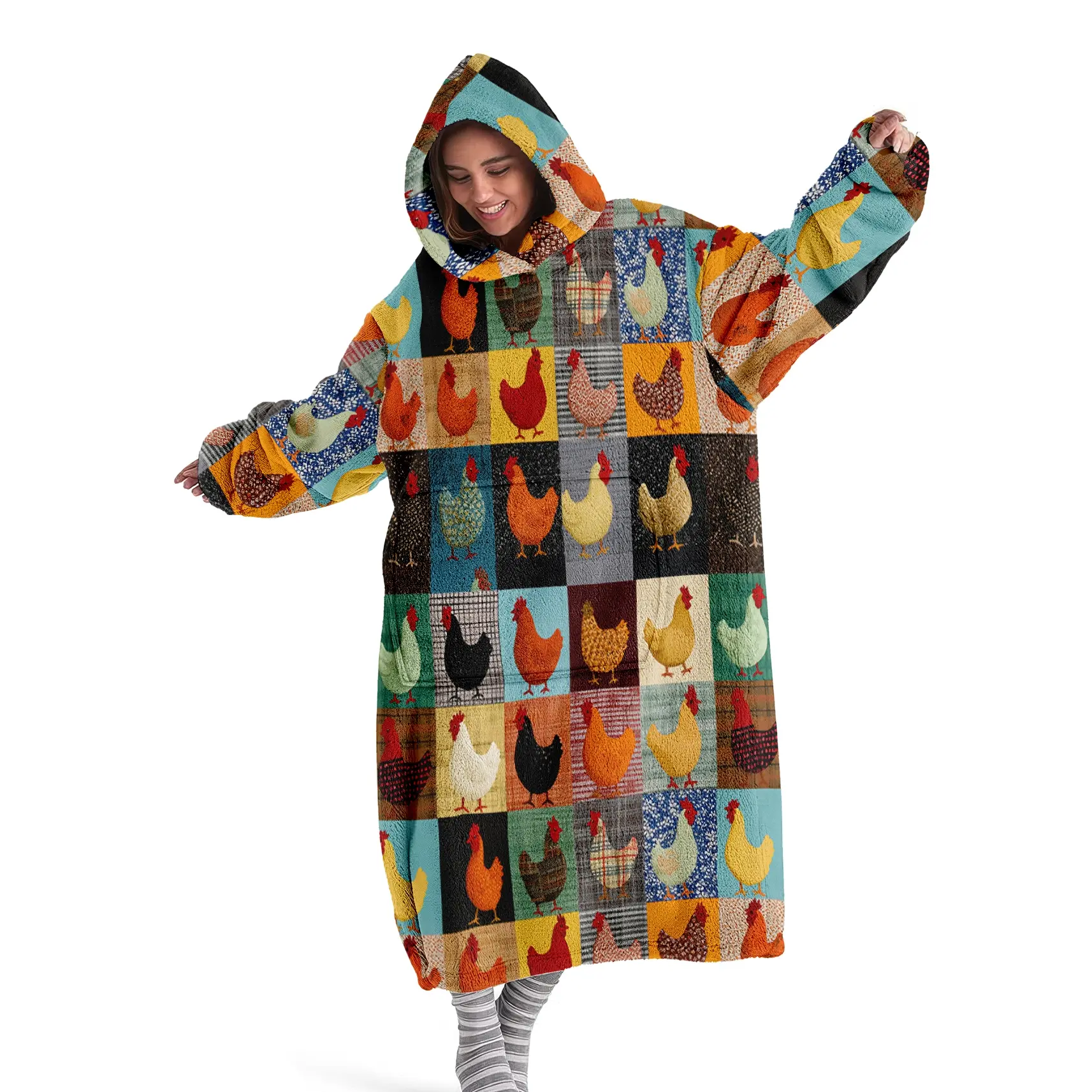 Hooded Blanket, Wearable Blanket, Flannel Cozy Blanket, Rustic Patchwork Chick Hooded Blanket, Digital Print Flannel Blanket, Soft and Warm Blanket, Ideal for Sofa Throw, Camping, Travel, Christmas Gift, Happy Blanket Gifts, Stylish Blanket