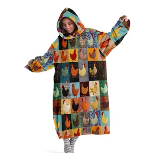 Hooded Blanket, Wearable Blanket, Rustic Patchwork Chick Hooded Blanket, Digital Print Flannel Blanket, Soft and Warm Blanket, Ideal for Sofa Throw, Camping, Travel, Christmas Gift, Valentine's Day Gift, Heartwarming Blanket Gift
