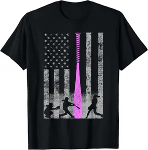 100% Cotton American Softball Flag T-Shirt - Players and Pink Bat T-Shirt