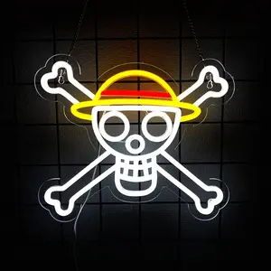 One Piece Straw Hat Pirates Jolly Roger LED Neon Sign - Anime Decor USB-Powered Wall Light for Anime Fan Bedroom, Manga Collection Space, Otaku Game Room and Pirate Theme Gift，Room Bedroom Bar Christmas Halloween Birthday Party Supply