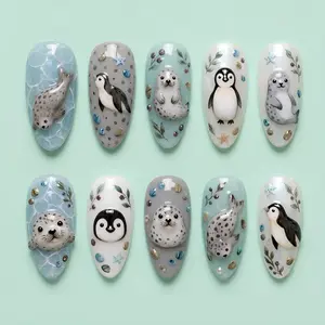 Cute Seal and Penguin Press On Nails, 3D Arctic Animal Nail Set, Ocean Inspired Handmade Nails